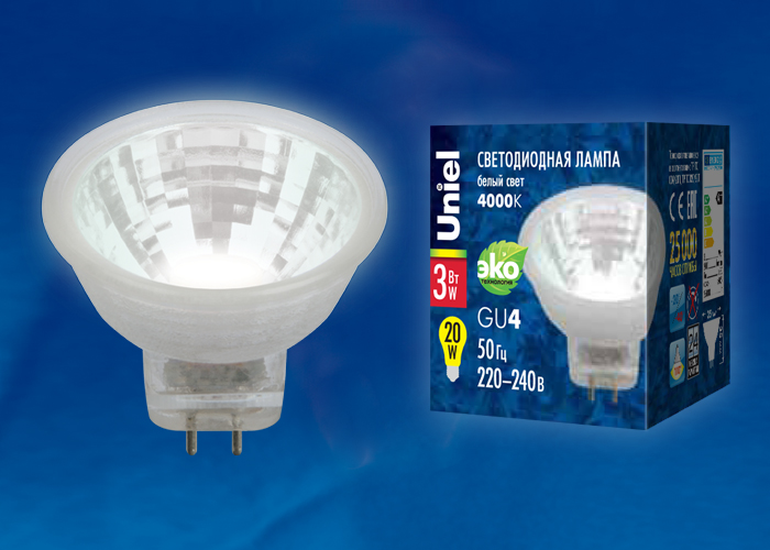 LED-MR11-3W/NW/GU4/220V GLZ21TR  Лампа светодиодная, 220V. Прозрачная. Белый свет (4000K). Картон. Т