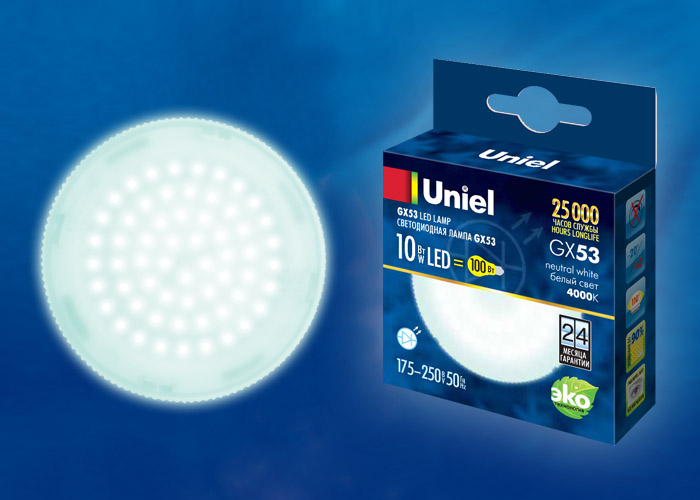 LED-GX53-10W/NW/GX53/FR PLZ01WH Лампа светодиодная, матовая. Белый свет (4000K). Картон. ТМ Uniel LED-GX53-10W/NW/GX53/FR PLZ01WH Лампа светодиодная, матовая. Белый свет (4000K). Картон. ТМ Uniel