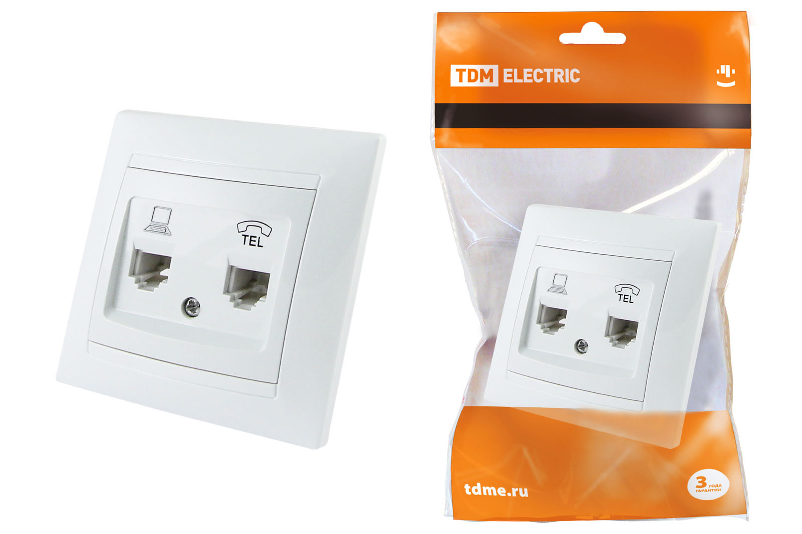 Розетка телефонная RJ11 + компьютерная RJ45 белая Лама